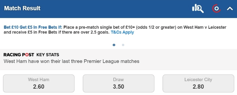 cotele oferite de Betfred pentru meciul West Ham vs. Leicester